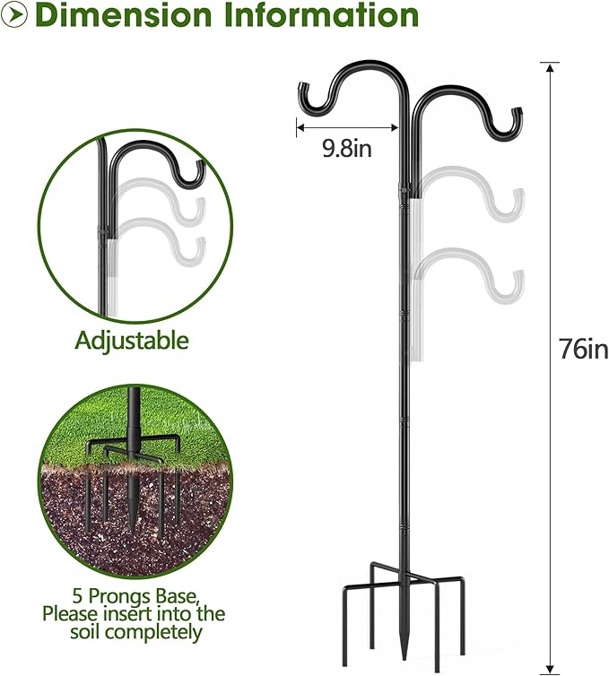 Double Shepherds Hooks for Outdoor, 76" Heavy Duty Bird Feeder Pole with 5 Prong Base, Adjustable Shepherds Hook for Bird feeders Outside, Garden, Weddings, Hanging Plants, 1 Pack, Black