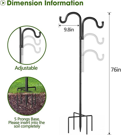 Double Shepherds Hooks for Outdoor, 76" Heavy Duty Bird Feeder Pole with 5 Prong Base, Adjustable Shepherds Hook for Bird feeders Outside, Garden, Weddings, Hanging Plants, 2 Pack, Black