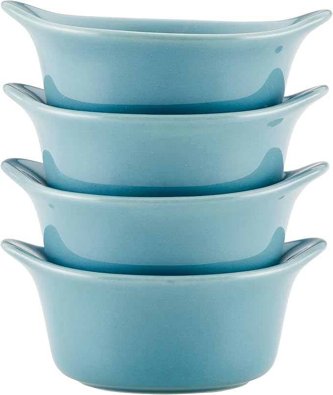 Rachael Ray Solid Glaze Ceramics Round Ramekins/Dipping Cup Set, 4 Piece, Agave Blue (Pack of 3)