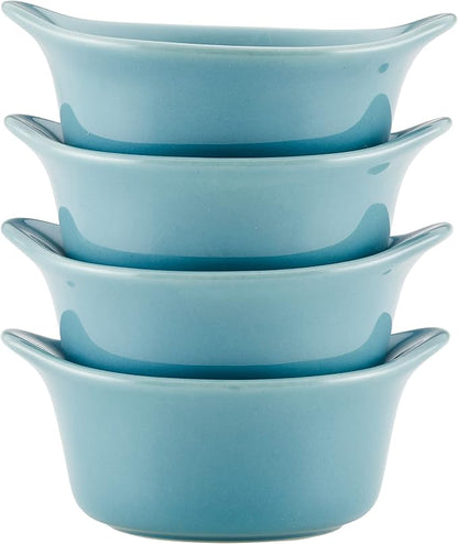Rachael Ray Solid Glaze Ceramics Round Ramekins/Dipping Cup Set, 4 Piece, Agave Blue (Pack of 3)