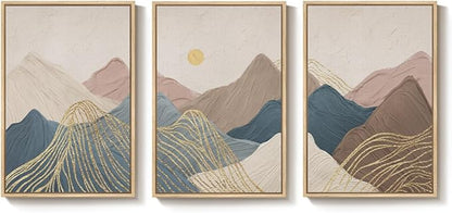 Framed Neutral Abstract Mountain Wall Art for Living Room, 3 Piece Large Landscape Print Canvas Artwork for Walls, Boho Modern Minimalist Paintings for Dining Room Office Hallway Wall Decor, 24x36 In