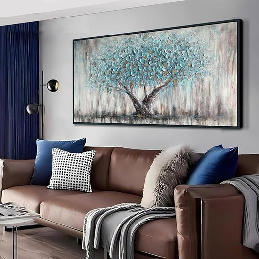 Arjun Framed Blue Tree Canvas Wall Art for Living Room Tree of Life Abstract Bedroom Textured Painting, Nature Picture Panoramic Landscape Artwork Home Office Decor, Black Wood Large 48"x24"