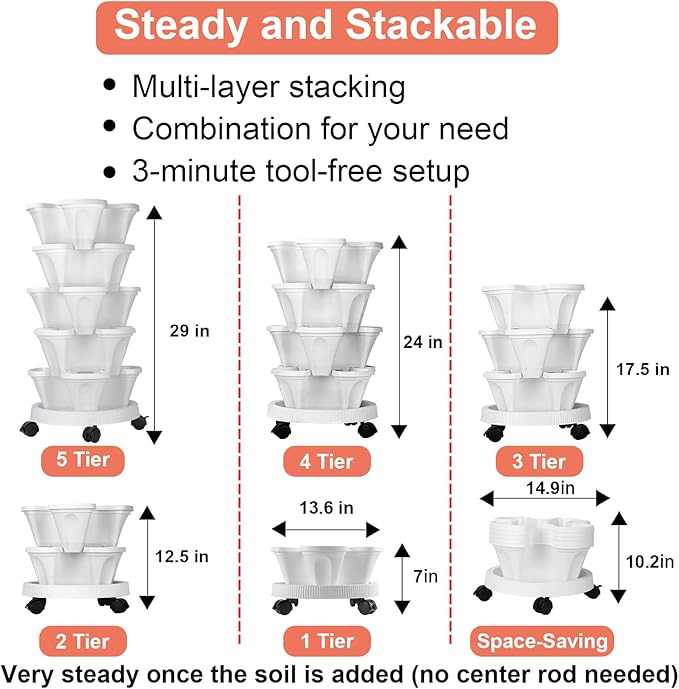 GameXcel Vertical Planter Tower - 5 Tier Stackable Garden Planters with Wheels and Tools Plant Pots for Strawberry Herb Flower and Vegetable Indoor Outdoor Use White
