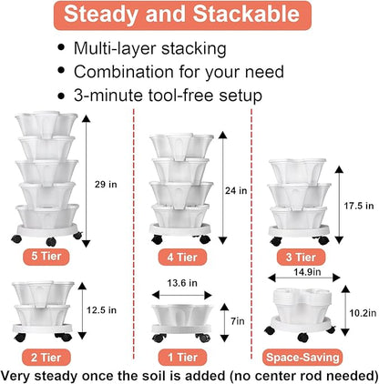 GameXcel Vertical Planter Tower - 5 Tier Stackable Garden Planters with Wheels and Tools Plant Pots for Strawberry Herb Flower and Vegetable Indoor Outdoor Use White