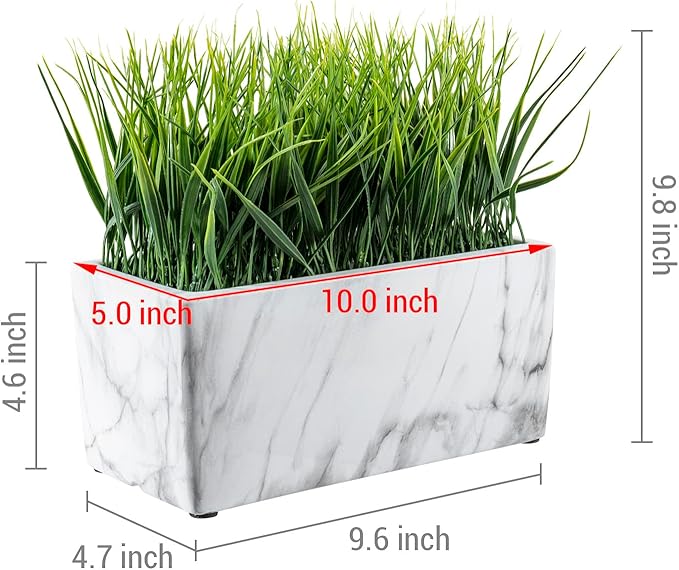 MyGift 10 Inch Artificial Green Grass Plant in Rectangular White Marble Pattern Ceramic Planter Pot