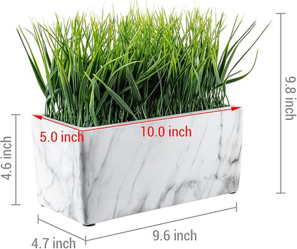 MyGift 10 Inch Artificial Green Grass Plant in Rectangular White Marble Pattern Ceramic Planter Pot