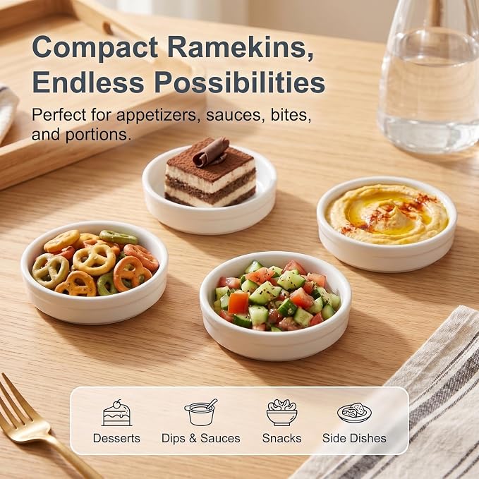 ONEMORE Creme Brulee Ramekins 4 oz Ceramic Baking Dishes, Oven Safe Ramekin Set, Small Porcelain Cups for Souffle, Custard, Dipping Sauce, Stackable White Kitchen Serveware, 14 Pack