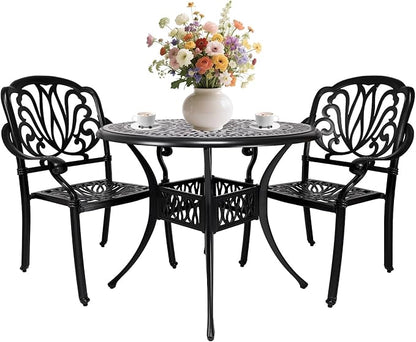 3 Piece Outdoor Bistro Set, All-Weather Patio Cast Aluminum Table and Chairs Set of 2 with 2.4" Umbrella Hole for Patio, Front Porch,Garden, Backyard, Balcony, Black