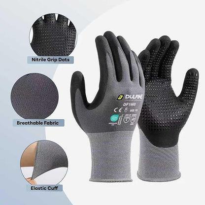 DULFINE Work Gloves for Men and Women,Grey Nylon with MicroFoam Nitrile Coated-12 Pairs Pack, Dots on Palm for Anti-slip and Extra Abrasion Resistant(Extra Large)