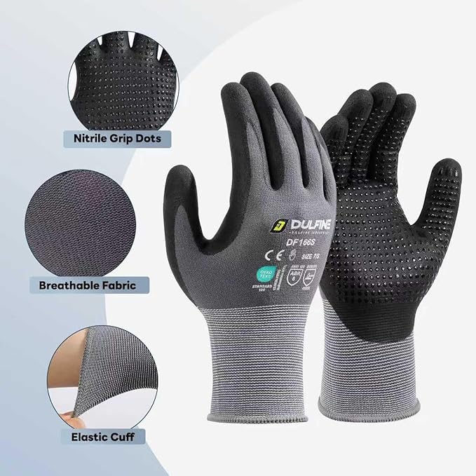 DULFINE Work Gloves for Men and Women,Grey Nylon with MicroFoam Nitrile Coated-12 Pairs Pack, Dots on Palm for Anti-slip and Extra Abrasion Resistant(Small)