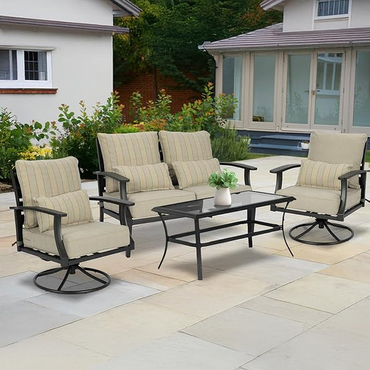 Aoodor Outdoor Chair Cushion, 24 x 24 Inch Water-Resistant, Fade-Resistant Olefin Fabric Patio Seat Cushions with Removable Cover and Adjustable Straps for Outdoor Furniture, Set of 2, Brown Stripes