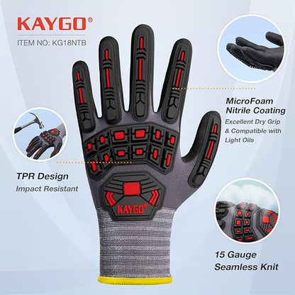 KAYGO Impact Reducing Work Gloves for Men,3 Pairs KG18N TPR Safety Work Gloves MicroFoam Nitrile Coated, Seamless Knit Nylon, Ideal for General Purpose,XL