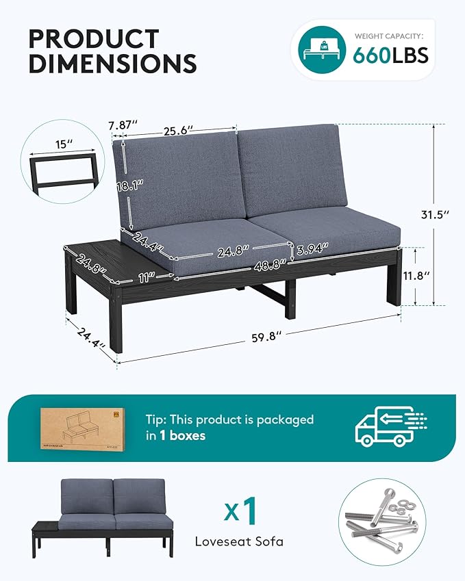 SERWALL HDPE Outdoor Loveseat Set, All-Weather Modular Patio Sofa, Sectional Seating for Backyard or Balcony, Garden, Black Frame with Grey Cushion