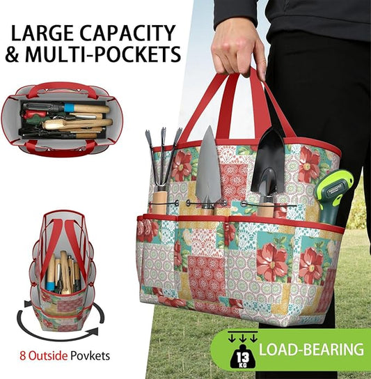 Floral Garden Tool Bag - Waterproof Garden Tote with 8 Pockets, Large Storage Home Organizer Gardening Tool Oxford Bag for Garden Tools Kits Holder, Ideal Outdoor Gardening Gift for Women & Men