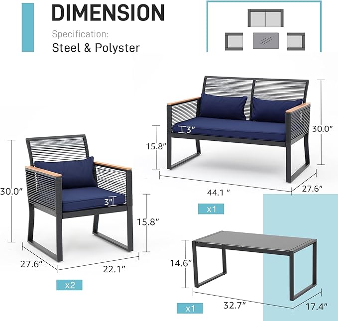 Patiorama 4 Piece Patio Furniture Set, Outdoor Wicker Bistro Set, All-Weather Black PE Rattan Conversation Set w/Coffee Table, Loveseat, Wood-Like Armrest, Cushions for Garden Balcony Deck, Navy Blue