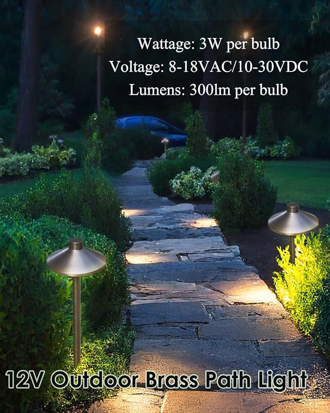 Low Voltage Landscape Path Lights Brass, Outdoor Pathway Lighting 12V 24V, Free 3W Warm White G4 LED Bulb and ABS Ground Stake with Brass Thread, 1-Pack