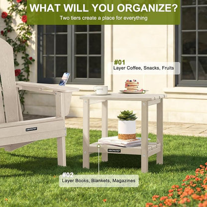 Outdoor Side Table HDPE Small Outdoor End Table Patio Side Tables Square for Backyard Pool Porch Balcony Double Layer Storage, Sand (Wood Grain Finish)