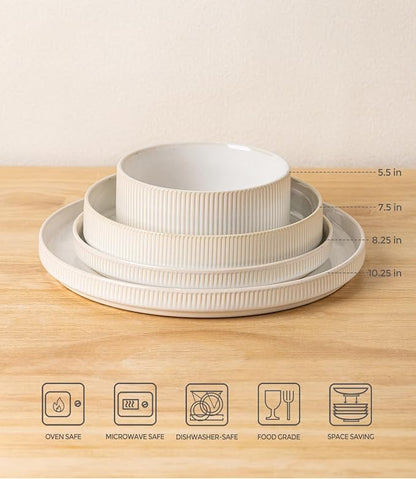 TheTerra Ceramic Dinnerware Sets for 4, 16 Pieces Porcelain Lightweight Plates and Bowls Sets, Scratch Resistant Dish Set, Oven & Microwave & Dishwasher Safe,Reactive White