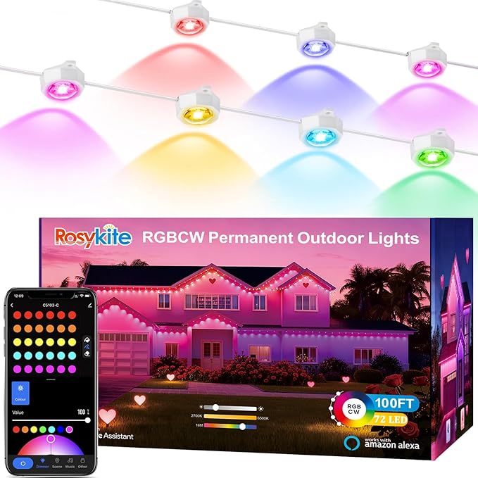 Permanent Christmas Outdoor Lights for House, 100ft RGB+IC and Tunable White Warm to Cool Color Changing Exterior Lighting, IP67 72 LED Eave Lights for Holiday, Christmas, Daily Lighting