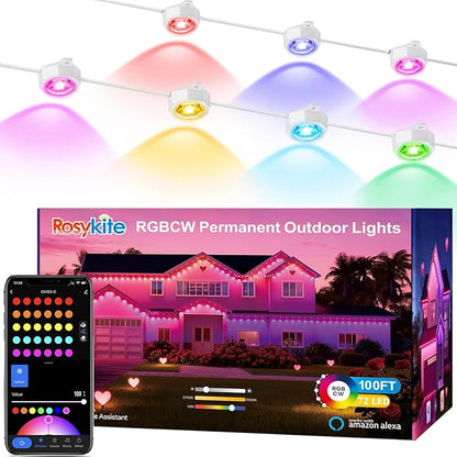 Permanent Christmas Outdoor Lights for House, 100ft RGB+IC and Tunable White Warm to Cool Color Changing Exterior Lighting, IP67 72 LED Eave Lights for Holiday, Christmas, Daily Lighting