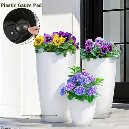 24-21-11 Inch Tall Planters Set of 3, Indoor Outdoor White Round Planter with Drainage Hole and Saucer, Large Decorative Plant Pots for Home Garden Porch (White)