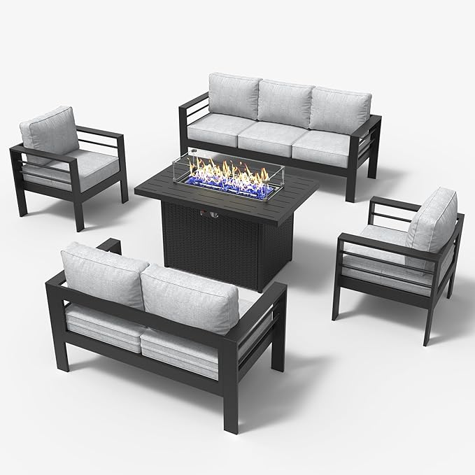 LayinSun Aluminum Furniture Set with Fire Pit Table, 5 Pieces Patio Sectional Conversation Chat Sofa Modern Seating Set