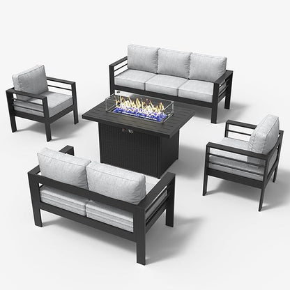LayinSun Aluminum Furniture Set with Fire Pit Table, 5 Pieces Patio Sectional Conversation Chat Sofa Modern Seating Set