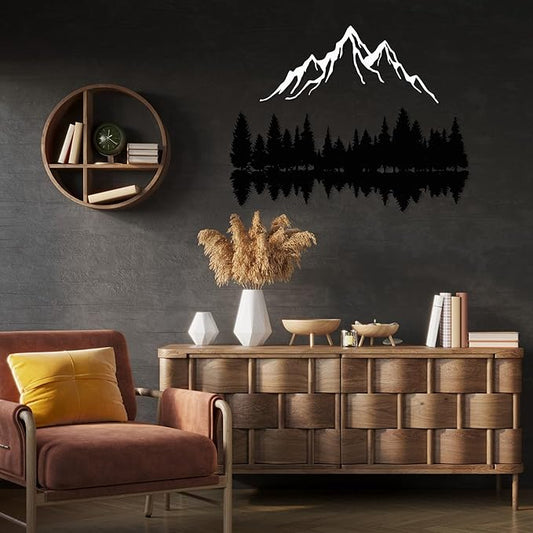 Mountain and Forest Lake Reflection Metal Wall Art, Nature-Inspired Silhouette Decor for Living Room, Bedroom or Office, Large Outdoor Wall Decor, Nature Christmas Décor (White, 56x41 inches)