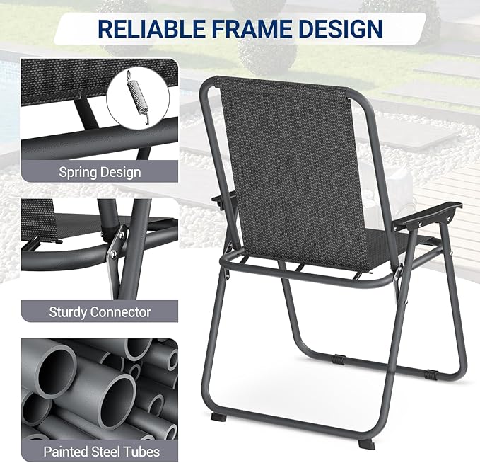 UDPATIO Folding Patio Chairs Set, Patio Dining Chairs Set of 4 and 31.5" Round Tempered Glass Metal Table with 1.57" Umbrella Hole, Black