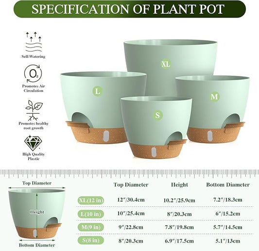 Plant Pots, 4 Pack 12/10/9/8 Inch Self Watering Pots with Drainage Holes, Water Level Indicator Deep Reservoir, Large Planters for Indoor Outdoor Plants - Green Brown