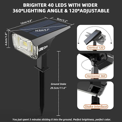 LEREKAM Solar Lights Outdoor Waterproof Landscape Lights, 40 LEDs Solar Spot Lights Outdoor Spotlights with 3 Light Modes, USB & Solar Powered Garden Yard Wall Lights Auto On/Off for Patio 6 Pack