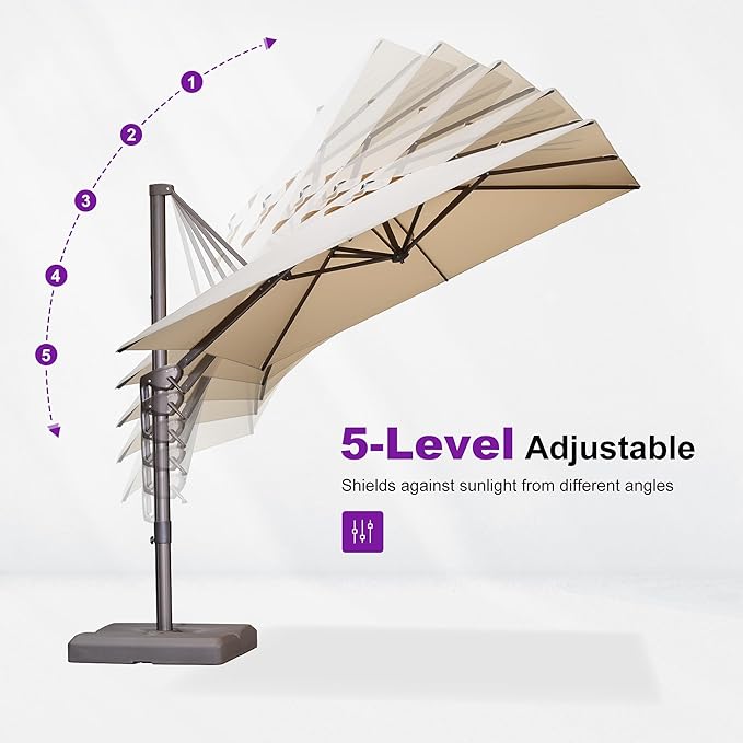 PURPLE LEAF 9' X 9' Patio Umbrella With Base Square Cantilever Umbrella Outdoor with 360° Rotation and Aluminum Offset Hanging for Pool Deck Garden Backyard, Beige