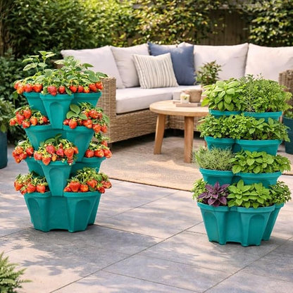Strawberry Planter Tower, 4 Tier Stackable Vertical Planter, 28 Plant Sites, Space Saving Garden Planter, Indoor Outdoor, Made in USA (Mineral Teal, Small)