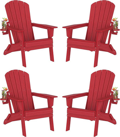 Plawdlik Folding Adirondack Chair Set of 4, SGS Tested, Wooden Textured with Cup Holder, Heavy All-Weather HDPE Comfortable Set Poolside Backyard Lawn,Red