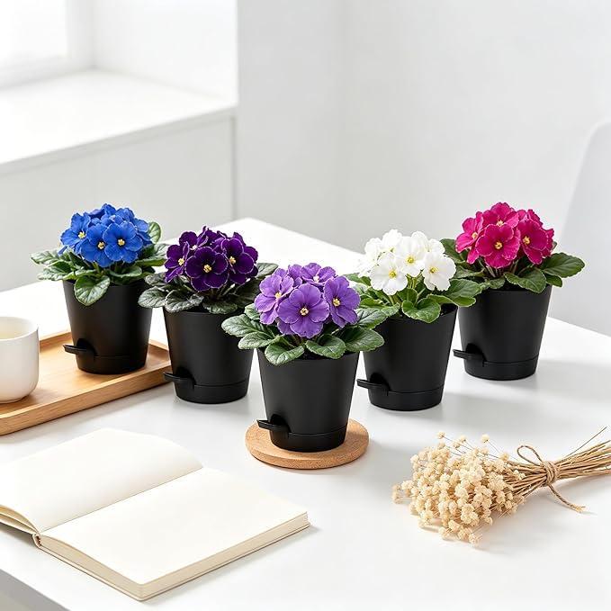 5 Pack 5 Inch African Violet Pots Self Watering, Self-Watering Planters with Drainage Holes & Reservoir, Black Plastic Pots for Indoor Outdoor Plants, Succulents & Flowers