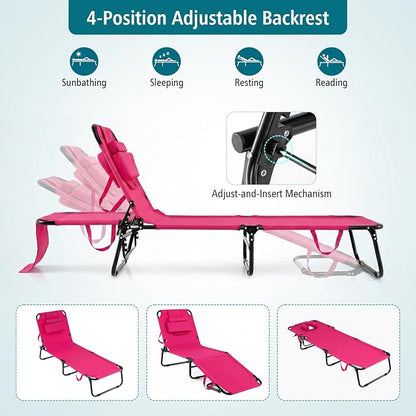 GYMAX Tanning Chair, Folding Lounge Chairs with Face Hole & Cover, Removable Pillow Carry Handle, Portable Compact Outdoor Layout Recliner for Beach, Poolside, Lawn, Patio, Camping (Pink,2)