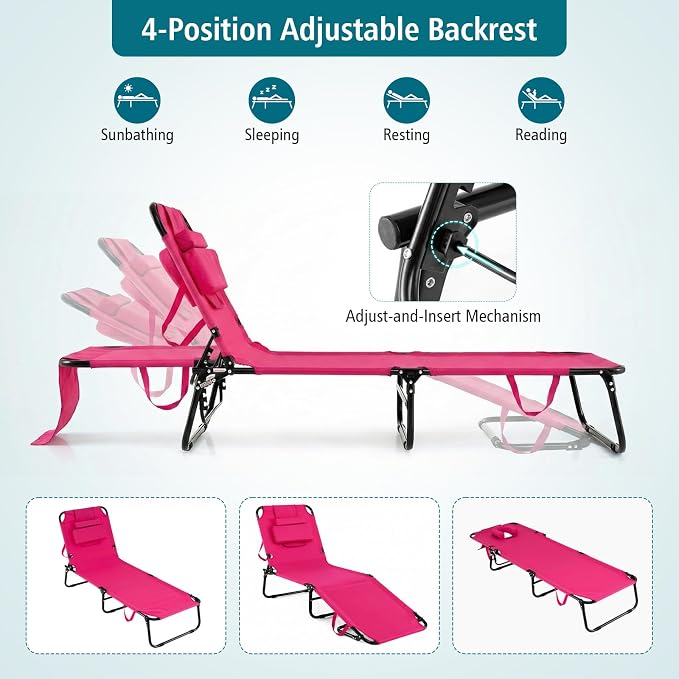 GYMAX Tanning Chair, 330lbs Beach Lounge Chair with Face Hole, Detachable Washable Pillow & Carry Strap, Adjustable Folding Chaise Lounge, Layout Chair for Outside, Patio, Poolside, Lawn (2, Pink)