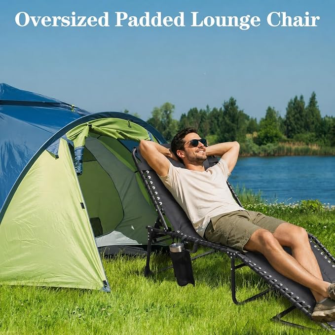 Oversized Padded Outdoor Folding Lounge Chair for Adults 330Ibs Patio Chaise Lounge Chair for Outside 5-Position Adjustable Reclining Beach Chair with Pillow Pocket