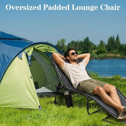 Oversized Padded Outdoor Folding Lounge Chair for Adults 330Ibs Patio Chaise Lounge Chair for Outside 5-Position Adjustable Reclining Beach Chair with Pillow Pocket