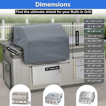 Covers & All Built-in Grill Cover for Outdoor Grill – Heavy Duty 12 oz Waterproof Built-in BBQ Grill Cover, PVC-Coated Polyester with Elastic Hem for Snug Fit (30 x 26 x 14 inches, Grey)