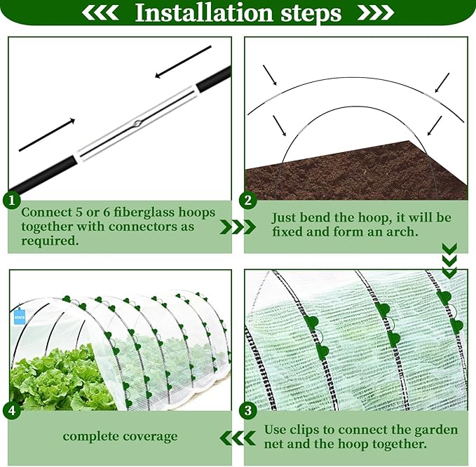 Garden Netting Kit for Raised Beds 10 x 33 FT Strong Mesh Netting 6 Sets of Fiberglass Garden Hoops Inscet Barrier Protection Net for Vegetable Plant Fruit Flowers