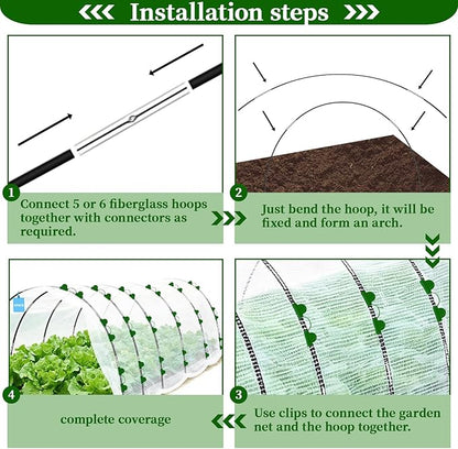 Garden Netting Kit for Raised Beds 10 x 33 FT Strong Mesh Netting 6 Sets of Fiberglass Garden Hoops Inscet Barrier Protection Net for Vegetable Plant Fruit Flowers