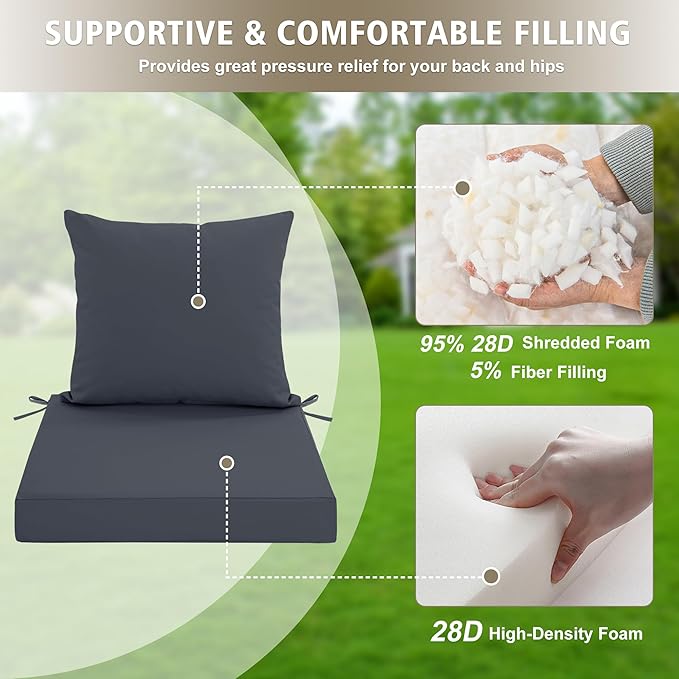 24x24 Inch Outdoor Cushions for Patio Furniture, Waterproof Outdoor Chair Cushions w/Fade-Resistant, Removable & Machine-Washable Covers, Deep Seat Sofa/Couch Pads Replacement, Dark Grey
