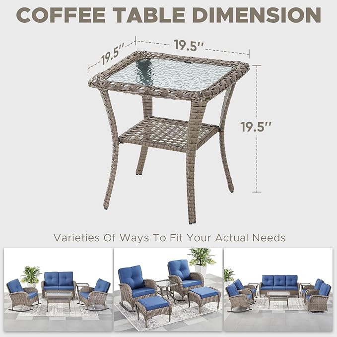 HUMMUH Patio Side Table Outdoor PE Wicker,Rattan End Table Glass Top Coffee Table with Storage Grey