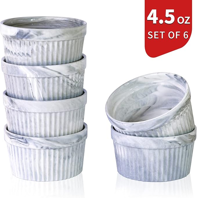 Yundu 4.5 Ounce Grey Marble Ceramic Ramekins - Perfect for Creme Brulee, Oven Safe, Baking & Souffle - Set of 6
