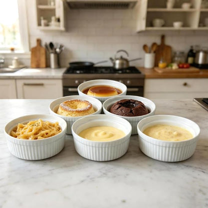 Cinf White 10 oz Set of 6 Souffle Dishes Ramekins Oven Microwave Safe Bowls Creme Brulee Sauce Cups for Baking Cooking Porcelain Individual Serving Size for Desserts