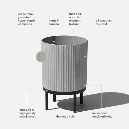 Veradek Demi Series Round Planter w/Stand for Porch/Patio | Durable Plastic-Stone Composite & Wooden Stand | Modern Décor for Tall Plants, Flowers