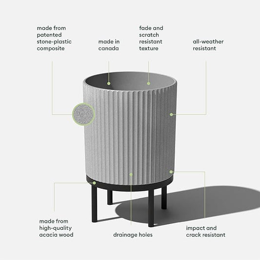 Veradek Demi Series Round Planter w/Stand for Porch/Patio | Durable Plastic-Stone Composite & Wooden Stand | Modern Décor for Tall Plants, Flowers