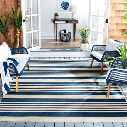 SAFAVIEH Washable Rug Outdoor Courtyard Collection - 9' x 12', Navy & Beige, Non-Shedding & Easy Cleaning, Ideal for Patio, Backyard, Mudroom (CY6062-268)