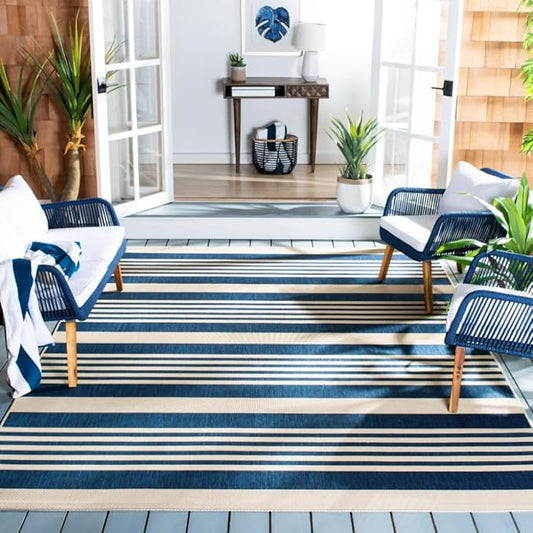 SAFAVIEH Washable Rug Outdoor Courtyard Collection - 9' x 12', Navy & Beige, Non-Shedding & Easy Cleaning, Ideal for Patio, Backyard, Mudroom (CY6062-268)
